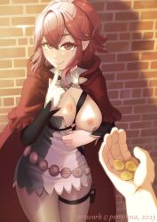 Rule 34 | 1girl, anna (fire emblem), artist name, between breasts, black dress, black pantyhose, blush, breasts, breasts out, brick wall, cape, coin, commentary, dress, english commentary, finger to face, fingernails, fire emblem, fire emblem fates, hair between eyes, highres, holding, holding coin, long hair, looking at viewer, medium breasts, money, nintendo, nipples, pantyhose, pomonna, ponytail, pouch, pov, red cape, red eyes, red hair, smile, strap between breasts, thigh pouch, thigh strap, two-tone dress, white dress