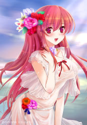 Rule 34 | 1girl, :d, artist name, belt, blouse, blush, breasts, choker, cleavage, cloud, dress, flower, hair flower, hair ornament, koizumi amane, large breasts, long hair, open mouth, original, outdoors, pink eyes, red eyes, red hair, ribbon, see-through, shirt, sky, smile, solo, standing, very long hair