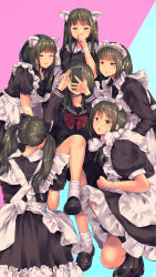 Rule 34 | 6+girls, a.x., absurdres, animal ear fluff, animal ears, apron, bangle, bare legs, black footwear, bow, bracelet, brown eyes, cat ears, cellphone, closed eyes, covered face, covered mouth, dress, frilled apron, frilled dress, frills, green hair, half-closed eyes, highres, holding, holding phone, jewelry, light blush, long hair, long sleeves, looking at phone, loose socks, maid, maid apron, multiple girls, original, parted lips, phone, puffy sleeves, red bow, school uniform, serafuku, short sleeves, sidelocks, smartphone, smile, socks, twintails, two-tone background, white legwear