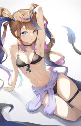 Rule 34 | 1girl, absurdres, arm support, armpits, bare arms, bikini, black bikini, blue eyes, blush, breasts, brown hair, clothes around waist, front-tie bikini top, front-tie top, highres, leaning to the side, long hair, looking at viewer, multicolored hair, original, pink hair, purple hair, sideboob, sitting, skindentation, small breasts, solo, sweater, sweater around waist, swimsuit, thigh gap, thigh strap, three twosix, underboob, very long hair, white background
