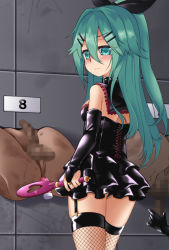 Rule 34 | 1girl, anal, anal object insertion, bare shoulders, bdsm, black ribbon, black skirt, black thighhighs, bondage outfit, bridal gauntlets, censored, commentary request, corset, dildo, dominatrix, femdom, fishnet thighhighs, fishnets, garter straps, gin (shioyude), green eyes, green hair, hair between eyes, hair flaps, hair ornament, hair ribbon, hairclip, holding, holding paddle, kantai collection, latex, long hair, miniskirt, mosaic censoring, object insertion, paddle, parted bangs, penis, pleated skirt, ponytail, ribbon, sadism, sex toy, shiny clothes, sidelocks, skirt, thighhighs, yamakaze (kancolle), zettai ryouiki