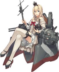 Rule 34 | 1girl, bare shoulders, blonde hair, blue eyes, braid, breasts, chair, cleavage, corset, cross, crossed legs, crown, dress, flower, full body, garter straps, globus cruciger, hair between eyes, hairband, half up braid, high heels, holding, jewelry, kantai collection, konishi (koconatu), lace, lace-trimmed dress, lace trim, long hair, long sleeves, machinery, mary janes, mast, medium breasts, mini crown, necklace, off-shoulder dress, off shoulder, official art, open mouth, orb, red flower, red ribbon, red rose, ribbon, rose, scepter, shoes, sitting, smile, solo, thighhighs, throne, transparent background, turret, warspite (kancolle), white dress, white thighhighs, zettai ryouiki