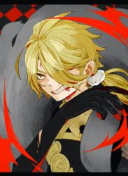 Rule 34 | 10s, 1boy, bad id, bad pixiv id, black gloves, blonde hair, blood, clenched teeth, gloves, hair over one eye, letterboxed, long hair, male focus, meily, ponytail, shishiou (touken ranbu), shishiou no mofumofu, solo, teeth, torn clothes, torn gloves, touken ranbu, upper body