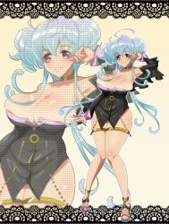 Rule 34 | 10s, 1girl, ahoge, anklet, aqua hair, arm up, bad id, bad pixiv id, bare shoulders, black dress, blush, breasts, bursting breasts, cagliostro (symphogear), choker, cleavage, closed mouth, collarbone, commentary request, dark-skinned female, dark skin, detached sleeves, dress, female focus, full body, highres, huge breasts, jewelry, legs together, long hair, long sleeves, looking at viewer, mai (shayu345), nail polish, neck, off-shoulder dress, off shoulder, purple eyes, senki zesshou symphogear, shiny skin, short dress, skindentation, smile, solo, standing, thigh strap, thighs, yellow choker, zoom layer