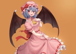 Rule 34 | 1girl, :d, absurdres, ascot, bad id, bad pixiv id, bat wings, blue hair, bow, brown background, brown wings, commentary request, dress, eyebrows hidden by hair, frilled dress, frills, goback, hair between eyes, hand up, hat, hat bow, highres, looking at viewer, mob cap, open mouth, pink dress, pink hat, pointy ears, puffy short sleeves, puffy sleeves, red bow, red eyes, remilia scarlet, ribbon-trimmed dress, short sleeves, simple background, smile, solo, teeth, touhou, upper teeth only, wings, wrist cuffs, yellow ascot