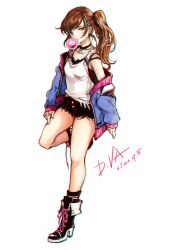 Rule 34 | 10s, 1girl, 2016, adapted costume, alternate hairstyle, animal print, black footwear, black shorts, black socks, boots, breasts, brown eyes, brown hair, blowing bubbles, bya, casual, character name, chewing gum, choker, chromatic aberration, collarbone, cross-laced footwear, d.va (overwatch), dated, earrings, facial mark, full body, hair ornament, hairclip, high heel boots, high heels, jacket, jewelry, kneehighs, lace-up boots, long hair, long sleeves, looking at viewer, medium breasts, mouth hold, necklace, off shoulder, open clothes, open jacket, overwatch, overwatch 1, ponytail, rabbit print, ring, shorts, socks, solo, standing, standing on one leg, strap slip, stud earrings, tank top, torn clothes, torn shorts, undershirt, unzipped, whisker markings, white background