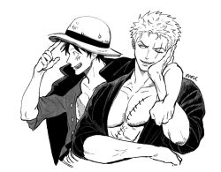 Rule 34 | 2boys, coat, coat on shoulders, furrowed brow, hand on another&#039;s shoulder, hand on own cheek, hand on own face, hat, looking at another, looking to the side, male focus, monkey d. luffy, monochrome, multiple boys, muscular, nok (nok 1), one eye closed, one piece, open clothes, open shirt, pectoral cleavage, pectorals, roronoa zoro, scar, scar on chest, scar on face, shirt, short hair, signature, smile, straw hat, toned, toned male