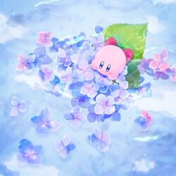 Rule 34 | :o, artist name, blush, blush stickers, closed mouth, commentary request, flower, flower on liquid, hydrangea, kirby, kirby (series), kotori (lycka), leaf, lying, nintendo, no humans, on stomach, pink flower, purple eyes, purple flower, solo, star (symbol), star in eye, symbol in eye, twitter username, water