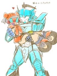Rule 34 | 1boy, 1girl, 3356-10, armor, blue armor, blue eyes, blurr (transformers), blush, carrying, carrying person, hasbro, humanoid robot, lickety split, lifting person, orange skirt, princess carry, robot, roller skates, skates, skirt, the transformers (idw), transformers, transformers animated
