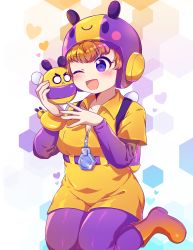 Rule 34 | 1girl, ;d, absurdres, blush, boots, brawl stars, breasts, brown footwear, brown hair, character request, cleavage, freckles, hat, heart, highres, kaoling, layered sleeves, long sleeves, medium breasts, one eye closed, open mouth, pantyhose, personification, purple eyes, purple headwear, purple pantyhose, short eyebrows, short over long sleeves, short sleeves, smile, thick eyebrows