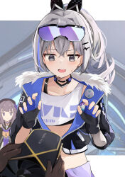Rule 34 | 2girls, blue hair, brown hair, crop top, cropped jacket, fingerless gloves, gloves, goggles, goggles on head, graphics card, grey eyes, grey hair, hands up, herta (honkai: star rail), highres, holding, honkai: star rail, honkai (series), jacket, midriff, multicolored hair, multiple girls, nvidia, open clothes, open jacket, ponytail, pov, purple eyes, showing, shuuzo3, silver wolf (honkai: star rail), streaked hair, trailblazer (honkai: star rail)
