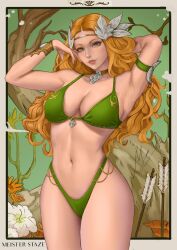 Rule 34 | 1girl, absurdres, arm behind head, arm up, armpits, arrow (projectile), artist name, bare shoulders, bikini, branch, breasts, choker, cleavage, cowboy shot, final fantasy, final fantasy xiv, flower, green bikini, green eyes, hair ornament, hand up, highleg, highres, large breasts, leaf hair ornament, lips, long hair, meister staze, navel, nophica, orange hair, parted lips, smile, solo, standing, swimsuit, tree, wide hips