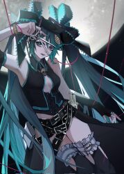 Rule 34 | alternate costume, aqua eyes, arm up, belt, black belt, black corset, black lips, black shirt, black thighhighs, blue hair, bracelet, breasts, bridal garter, cleavage cutout, closed mouth, clothing cutout, collared shirt, corset, cowboy shot, efanziyu, gloves, hatsune miku, heterochromia, highres, holding, holding scissors, jewelry, long hair, moon, multiple belts, no pants, red eyes, scissors, shirt, single glove, sleeveless, sleeveless shirt, small breasts, sparkle, string, string of fate, thighhighs, vocaloid