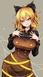 Rule 34 | 1girl, absurdres, black bow, blonde hair, bow, breasts, bright pupils, brown dress, buttons, contrapposto, cowboy shot, dress, grey background, hair bow, hands up, head tilt, highres, kurodani yamame, large breasts, light blush, looking at viewer, medium hair, nail polish, parted lips, raptor7, red nails, silk, simple background, smile, solo, spider web, touhou, yellow eyes
