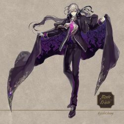 Rule 34 | 1boy, ascot, black cloak, black footwear, black jacket, black pants, black ribbon, brooch, brown background, cloak, cloak lift, closed mouth, collared cloak, edmond dantes (fate), edmond dantes (monte cristo uniform) (fate), fate/grand order, fate (series), gem, gloves, gold trim, gradient clothes, grey hair, hair over one eye, hair ribbon, highres, jacket, jewelry, koshika rina, long hair, long sleeves, looking at viewer, low ponytail, male focus, open clothes, open jacket, outstretched arms, pants, pink vest, popped collar, purple gemstone, purple vest, ribbon, shirt, shoes, sleeve cuffs, smile, solo, standing, two-sided cloak, two-sided fabric, vest, wavy hair, white ascot, white gloves, white shirt