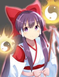 Rule 34 | 1girl, absurdres, adapted costume, blush, bow, closed mouth, commentary request, detached sleeves, gohei, grey background, hair bow, hair tubes, hakurei reimu, hakurei reimu (pc-98), highres, japanese clothes, kimono, long hair, long sleeves, looking at viewer, orb, pink bow, pink sash, purple hair, red bow, sash, side ponytail, simple background, smile, touhou, touhou (pc-98), upper body, very long hair, white kimono, white sleeves, wide sleeves, yin yang, yin yang orb, yuzha4328