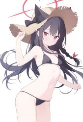 Rule 34 | 1girl, animal ear fluff, animal ears, bare arms, bare legs, bare shoulders, bikini, black bikini, black hair, blue archive, blush, braid, breasts, brown hat, chinese commentary, closed mouth, commentary request, cowboy shot, fox ears, hair between eyes, halo, hat, highres, jyt, long hair, navel, red eyes, red halo, simple background, single braid, small breasts, solo, straw hat, swimsuit, white background, yukino (blue archive)