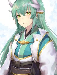 Rule 34 | 1girl, absurdres, artist name, black cola, blue background, blue kimono, blush, close-up, closed mouth, expressionless, fate (series), green hair, hair between eyes, heart, heart-shaped pupils, highres, horns, japanese clothes, kimono, kiyohime (fate), lips, long hair, looking at viewer, multicolored hair, obi, sash, sidelocks, solo, streaked hair, symbol-shaped pupils, upper body, yellow eyes