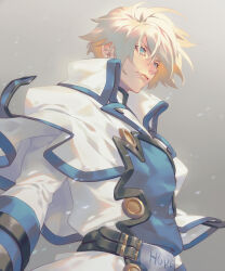 Rule 34 | 1boy, belt, blonde hair, blue eyes, closed mouth, english text, grey background, guilty gear, guilty gear x, guilty gear xx, highres, ky kiske, looking afar, male focus, shaded face, short hair, simple background, solo, talgi, wind, wind lift