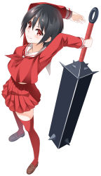 Rule 34 | &gt;:), 1girl, arms behind back, black hair, brown footwear, club, club (weapon), from above, full body, highres, holding, holding weapon, long sleeves, looking at viewer, neckerchief, original, pleated skirt, red eyes, red neckerchief, red shirt, red skirt, red theme, red thighhighs, school uniform, serafuku, shirt, shoes, short hair, skirt, solo, spiked club, standing, thighhighs, v-shaped eyebrows, weapon, white background, yasuto (eria151)