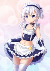 Rule 34 | 1girl, :q, adapted costume, apron, azur lane, belfast (azur lane), bishie sparkle, blouse, blue eyes, blue shirt, blush, braid, collarbone, commentary, cowboy shot, elbow gloves, english commentary, frilled apron, frilled gloves, frilled skirt, frills, gloves, hair between eyes, highres, kazenokaze, little bel (azur lane), looking at viewer, maid, maid headdress, midriff, navel, neck ribbon, ribbon, shirt, silver hair, skirt, skirt hold, sleeveless, sleeveless shirt, solo, sparkle, sparkle background, thighhighs, tongue, tongue out, waist apron, white gloves, white thighhighs