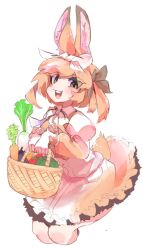 Rule 34 | 100maru, 1girl, :3, animal ears, basket, bow, bowtie, brown bow, brown dress, brown eyes, cabbage, carrot, collared dress, cowboy shot, daikon, domestic rabbit (kemono friends), dress, eggplant, food, frilled dress, frills, hair bow, highres, kemono friends, light brown hair, looking at viewer, multicolored hair, open mouth, puffy short sleeves, puffy sleeves, rabbit ears, rabbit girl, rabbit tail, radish, short sleeves, smile, solo, tail, tomato, two-tone dress, two-tone hair, vegetable, white bow, white bowtie, white dress, white hair