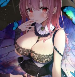 Rule 34 | 1girl, bad id, bad twitter id, bare shoulders, black vest, blush, breasts, bug, butterfly, cleavage, commentary request, hand up, indoors, bug, koakuma, lace, large breasts, long hair, looking at viewer, natsuki (ukiwakudasai), parted lips, pointy ears, red eyes, red hair, solo, touhou, upper body, vest, wrist cuffs