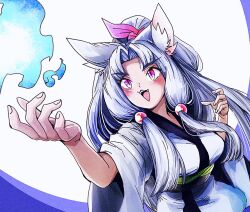 Rule 34 | 1girl, :3, animal ear fluff, animal ears, blue fire, blush, bow, commentary request, curtained hair, dutch angle, fangs, fire, foreshortening, fox ears, grey hair, hair bow, half updo, hand up, highres, japanese clothes, kimono, long hair, multicolored background, natsu tuna, open mouth, outstretched hand, pink bow, pink eyes, purple background, sidelocks, slit pupils, smile, solo, touhoku itako, upper body, voiceroid, white background, white kimono