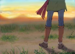 Rule 34 | 1boy, bad id, bad pixiv id, blue pants, brown footwear, camus (dq11), commentary request, dragon quest, dragon quest xi, from behind, grass, lower body, male focus, mondi hl, outdoors, pants, red scarf, scarf, shoes, solo, standing, sunset