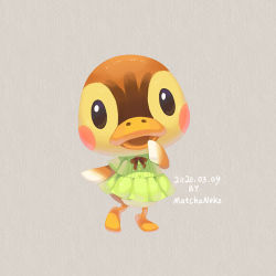 Rule 34 | 1girl, animal crossing, artist name, bird, bow, dated, dress, duck, furry, furry female, grey background, matchaneko, molly (animal crossing), nintendo, open mouth, solo