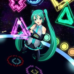 Rule 34 | 1girl, aqua eyes, aqua hair, bare shoulders, detached sleeves, female focus, hatsune miku, headset, long hair, music, necktie, open mouth, project diva, project diva (series), project diva f, shiden (john shiden), singing, skirt, sky, smile, solo, star (sky), starry sky, thighhighs, twintails, very long hair, vocaloid, weekender girl (vocaloid), zettai ryouiki