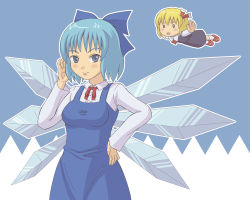 Rule 34 | . ., blonde hair, blue eyes, blue hair, bow, cirno, embodiment of scarlet devil, hair bow, hair ribbon, kt, outstretched arms, ribbon, rumia, short hair, spread arms, touhou, wings