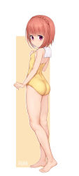 Rule 34 | 1girl, absurdres, aomoro, ass, bare legs, barefoot, blunt bangs, blush, braid, breasts, closed mouth, copyright request, crown braid, from side, full body, highres, looking at viewer, looking to the side, medium hair, one-piece swimsuit, orange hair, purple eyes, simple background, small breasts, smile, solo, standing, swimsuit, yellow one-piece swimsuit
