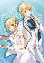 Rule 34 | 1boy, 1girl, :o, :t, ahoge, arm strap, arthur pendragon (fate), artoria pendragon (all), artoria pendragon (fate), blonde hair, blue background, blue neckwear, braid, braided bun, breasts, cleavage, dress, earrings, fate (series), food, fork, formal, gloves, green eyes, hair bun, hair ornament, holding, holding fork, holding plate, jacket, jewelry, looking at viewer, medium breasts, necktie, open clothes, open jacket, pants, plate, saber (fate), shadow, short hair, sleeveless, sleeveless dress, strapless, strapless dress, suika (rios151794), white dress, white gloves, white jacket, white pants