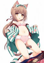 Rule 34 | 1girl, animal ear fluff, animal ears, bad id, bad twitter id, bare shoulders, between legs, blush, bow, bow bra, bow panties, bra, breasts, brown eyes, brown hair, cat ears, cat girl, cat tail, collarbone, commentary request, dutch angle, fingernails, floral print, green bow, green kimono, hair bow, highres, idolmaster, idolmaster cinderella girls, inactive account, japanese clothes, kemonomimi mode, kimono, kneeling, long hair, long sleeves, looking at viewer, low ponytail, navel, no shoes, off shoulder, open clothes, open kimono, panties, parted lips, pink bra, pink panties, ponytail, print kimono, sakuraba hikaru (loveindog), sidelocks, simple background, sleeves past wrists, small breasts, socks, solo, striped bow, striped clothes, striped kimono, tail, tail between legs, underwear, vertical-striped clothes, vertical-striped kimono, very long hair, white background, white socks, yorita yoshino