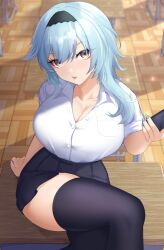 Rule 34 | 1girl, absurdres, alternate costume, arm support, black hairband, black skirt, black thighhighs, blue hair, blue nails, blush, breasts, cellphone, classroom, cleavage, collared shirt, cowboy shot, crossed legs, desk, eula (genshin impact), genshin impact, hairband, high-waist skirt, highres, holding, holding phone, kirima (user danf8787), large breasts, light particles, looking at viewer, medium hair, nail polish, on desk, open mouth, phone, pleated skirt, school uniform, shirt, sitting, on desk, skirt, smartphone, solo, thighhighs, thighs, toenail polish, toenails, white shirt, yellow eyes