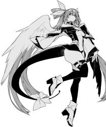Rule 34 | 10mo, 1girl, angel wings, ass, asymmetrical wings, bare shoulders, belt, blush, breasts, center opening, detached collar, detached sleeves, dizzy (guilty gear), from side, full body, greyscale, groin, guilty gear, guilty gear xrd, hair between eyes, hair ribbon, hair rings, high heels, highres, large breasts, leg up, long hair, looking at viewer, mature female, midriff, monochrome, monster girl, navel, ribbon, showgirl skirt, simple background, skindentation, skirt, stomach, tail, tail ornament, tail ribbon, thick thighs, thigh strap, thighs, toned, twintails, underboob, very long hair, white background, wide sleeves, wings