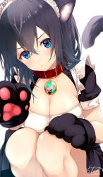 Rule 34 | 1girl, animal ear fluff, animal ears, animal hands, apron, bell, black gloves, black hair, blue eyes, breasts, cat ears, cat girl, cat tail, chita (ketchup), cleavage, collar, collarbone, feet out of frame, frilled apron, frills, gloves, hair between eyes, highres, jingle bell, knees up, looking at viewer, maid, maid headdress, medium breasts, neck bell, original, parted lips, paw gloves, puffy short sleeves, puffy sleeves, red collar, short sleeves, signature, simple background, solo, squatting, tail, tail raised, white apron, white background