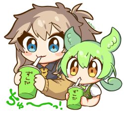 Rule 34 | 2girls, :3, artist name, black shirt, blue eyes, blush stickers, brown cardigan, brown hair, cardigan, chibi, commentary request, cropped torso, drink, drinking, drinking straw, drinking straw in mouth, fang, green hair, green overalls, highres, holding, holding drink, kasukabe tsumugi, long hair, long sleeves, low ponytail, micchan (bonyu0430), multiple girls, necktie, one side up, open cardigan, open clothes, shirt, short sleeves, side-by-side, simple background, skin fang, smile, thick eyelashes, upper body, voicevox, white shirt, yellow eyes, yellow necktie, zundamon
