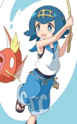 Rule 34 | 1girl, :d, blue eyes, blue hair, blue pants, blue sailor collar, blush, commentary request, creatures (company), feet, fishing rod, flip-flops, game freak, gen 1 pokemon, gold hairband, hairband, highres, holding, holding fishing rod, lana (pokemon), magikarp, nintendo, no sclera, one-piece swimsuit, ookamiinari, open mouth, pants, pokemon, pokemon (creature), pokemon sm, sailor collar, sandals, shirt, short hair, sleeveless, smile, swimsuit, swimsuit under clothes, toes, trial captain, two-handed