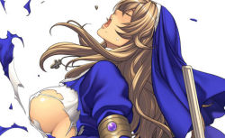 Rule 34 | 00s, 10s, 1girl, armlet, blouse, blue shirt, breasts, brown hair, closed eyes, cross, from side, gem, habit, hair between eyes, jewelry, large breasts, long hair, mole, necklace, no bra, nun, oda non, open mouth, purple gemstone, queen&#039;s blade, queen&#039;s blade rebellion, shirt, sideboob, sigui (queen&#039;s blade), simple background, solo, sweat, torn clothes, torn shirt, white background, white shirt