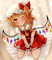 Rule 34 | 1girl, ;), arm support, ascot, bed sheet, blonde hair, blush, bow, commentary request, crystal, fang, fang out, flandre scarlet, frilled shirt collar, frills, hair between eyes, hat, hat bow, long hair, looking at viewer, miniskirt, mob cap, one eye closed, one side up, petticoat, puffy short sleeves, puffy sleeves, red bow, red eyes, red footwear, red skirt, red vest, seiza, shirt, shoes, short sleeves, sitting, skirt, skirt set, smile, socks, solo, thighs, touhou, v arms, vest, white hat, white shirt, white socks, wings, wrist cuffs, yellow ascot, yuma (yuuma pants)