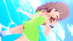 Rule 34 | 1girl, 3d, artist request, brown hair, digimon, digimon ghost game, female focus, highres, long hair, one-piece swimsuit, pink eyes, solo, swimsuit, swimsuit skirt, tsukiyono ruli, water