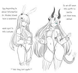 Rule 34 | 2girls, absurdres, animal ear fluff, animal ears, arknights, bare shoulders, blue eyes, breasts, contrapposto, cropped legs, detached sleeves, dragon girl, dragon horns, dragon tail, eblana (arknights), english text, fiery tail, frostnova (arknights), gladius pvp, grey theme, hair ornament, hair over one eye, hairclip, highres, horns, large breasts, long hair, long sleeves, looking at viewer, medium breasts, meme attire, monochrome, multiple girls, navel, panties, parted lips, rabbit ears, revealing clothes, side-tie panties, sideboob, simple background, smile, spot color, standing, stomach, tail, thighhighs, turtleneck, underwear, very long hair, virgin destroyer sweater, white background