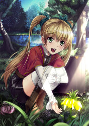 Rule 34 | 1girl, absurdres, blonde hair, boots, capelet, flower, forest, grass, green eyes, highres, hugging own legs, knees to chest, lake, nature, original, soyokaze, squatting, thighhighs, twintails, white thighhighs
