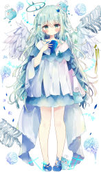 Rule 34 | 1girl, :o, absurdres, bad id, bad pixiv id, bare shoulders, blue footwear, blush, collarbone, commentary, dress, feathered wings, full body, green eyes, green hair, hair ornament, halo, hand up, heart, heart hair ornament, highres, long hair, long sleeves, looking at viewer, off-shoulder dress, off shoulder, original, parted lips, pleated dress, ribs, shoes, solo, standing, symbol-only commentary, tsukiyo (skymint), two side up, very long hair, white background, white dress, white wings, wide sleeves, wings, x hair ornament