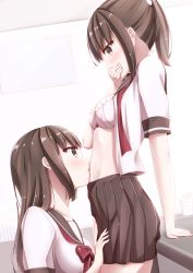 Rule 34 | 2girls, blush, bra, breasts, brown eyes, brown hair, commentary request, covering own mouth, highres, kamakama (kdmorh kamakama), licking, licking navel, long hair, medium hair, multiple girls, original, ponytail, tongue, tongue out, underwear, yuri