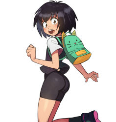 Rule 34 | 1girl, ass, back peek, backpack, bag, bike shorts, black footwear, black hair, black shorts, black socks, black sweater vest, blush, brown eyes, clenched hand, commentary, dress shirt, english commentary, foot up, from behind, from side, looking at viewer, looking back, mangamaster, marvel, open mouth, peni parker, round teeth, school uniform, shirt, shoes, short hair, short sleeves, shorts, simple background, socks, solo, spider-man: into the spider-verse, spider-man (series), spider-verse, surprised, sweater vest, teeth, upper teeth only, white background, white shirt, wide-eyed