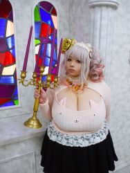Rule 34 | 1girl, asian, black skirt, breasts, candelabra, candle, candlestand, cleavage, fat, highres, hoshima mika, huge breasts, meme attire, multicolored hair, open-chest sweater, photo (medium), skirt, solo, stained glass, sweater