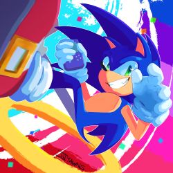 Rule 34 | 1boy, blue fur, game boy, gloves, green eyes, handheld game console, hedgehog, highres, holding, jewelry, jiiyawns, looking at viewer, male focus, ring, shoes, smile, sneakers, solo, sonic (series), sonic the hedgehog, tail, teeth, white gloves